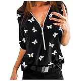 Masrin Damen Tops Damen Plus Size Floral Butterfly Print Pullover Deep V Zipper Neck Langarm Shirt Bluse (XL,Schwarz)