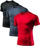 ATHLIO 1 oder 3 Pack Herren Cool Dry Kurzarm Kompressionsshirts Sport Baselayer T-Shirts Tops Athletic Workout Shirt, Herren Damen Jungen Mädchen, 3er-Pack (BTS02) - Schwarz / Kohle / Rot, X-Larg