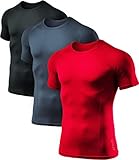 ATHLIO 1 oder 3 Pack Herren Cool Dry Kurzarm Kompressionsshirts Sport Baselayer T-Shirts Tops Athletic Workout Shirt, Herren Damen Jungen Mädchen, 3er-Pack (BTS02) - Schwarz / Kohle / Rot, X-Larg