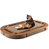 CanadianCat Company ® | Katzenspielplatz XXL 85 x 54 x 5,8 cm mit integrierter Kratzpappe, interaktives Katzenspielzeug Kratzbrett in Holzoptik Kratzk