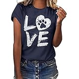 Dog Paw Printed T-Shirt Damen Tops Sommer Kurzarm Basic Pullover Casual Love Letter Motiv Tunika O-Neck Loose Bluse(L,Z1 Marine)