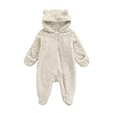 Baby Overall Strampler Einteiler Fleece Overall mit Fuß Jungen Mädchen Langarm Plüsche Overall mit Kapuzen Bäremuster Reißverschluss Overall Neugeborenes 0-12 Monate (Beige, 6-9 Monate)