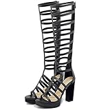 AIMODOR Damen high Heels römersandalen Blockabsatz Plateau römer kniehoch Gladiator Sandalen schwarz 40