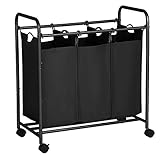 SONGMICS Wäschekorb auf Rollen, Wäschesortierer mit 3 abnehmbaren Stofftaschen, Wäschesammler, Aufbewahrung für Spielzeug, stabil, 3 x 44 Liter, schwarz LSF003B