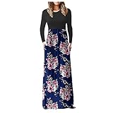 CHUXI Herbst Vintage Langarm Wickelkleider für Damen 2021 Retro O-Ausschnitt Hohe Taille Kleid mit Taschen Maxikleider, #Navy33, XL