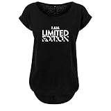 Long Back Shaped Tshirt I am Limited Edition Lässiges Shirt mit Print Schwarz & Weiß Sommer Top Damen (406-B36-Schwarz-L)