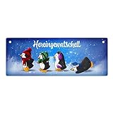 speecheese Hereingewatschelt Metallschild mit Vier niedlichen Pinguinen lustiger Spruch Weihnachten Winter Dekoration Pinguin Bobbelmü