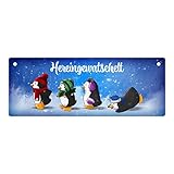 speecheese Hereingewatschelt Metallschild mit Vier niedlichen Pinguinen lustiger Spruch Weihnachten Winter Dekoration Pinguin Bobbelmü