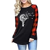 Damen Rundhals Pullover Lose Lang Tops Plaid Spleißen Bluse Lange Ärmel Pullover Sweatshirt T Shirt Oberteil Löwenzahn-Druck Frühling Kleidung Damen Loser Mode Blusentop (Rot,M)