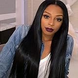 XFSHKJS Lace Front Lang Seidig Glatt Schwarz Echthaar mit Babyhaar Vorgezupftes Haar Körperwelliges Haar Lange Perücken für alle Hauttypen Damen Echthaar 24 Zoll 130% Haardichte A/