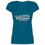 Sprüche Statement mit Spruch - Home is Wherever I'm with You Hugs & Kisses - 3XL - Türkis - Kissen mit t - XO1525 - Damen T-Shirt mit V
