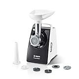 Bosch Fleischwolf CompactPower MFW3612A, elektrisch, Wurstaufsatz, Edelstahl Loch-Scheiben 4mm + 8mm, Messer zweischneidig, Kebbe-Aufsatz, spülmaschinengeeignet, 1600 W Blockierleistung, 500 W, weiß