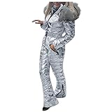 Ski-Overall Damen Wasserdicht Winddicht Schnee Skianzüge Einteiliger Verdicken Warm Skianzug Pelzkragen Softshellmantel Overall mit Hoodies für Winter Outdoor Skifahren Snowboard Sport, silber, 36