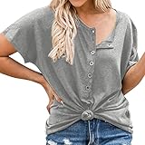 Button Down Shirt Damen Solid Rundhals Split Tops Kurzarm Bluse Sommer, grau, Larg