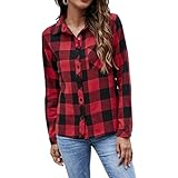 Xenwang Herbst Damen Lässige Karierte Strickjacke Slim Fit Langarm Revers Klassisches Hemd Einreihig Mit Tasche Loses Hemd L