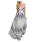 TYTUOO Damen Casual Sommer Maxikleider Sexy Ärmellos V-Ausschnitt Blumendruck Sundress Lang Strapskleid Bohemian Kleid Cocktail Party Strand, A-weiß, L