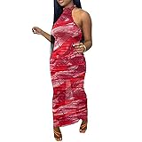 Qtinghua Lässiges Neckholder-Kleid für Damen, ärmellos, Batik, lang, Netzstoff, durchsichtig, gerüscht, figurbetont, eng anliegend, rot, M