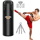 Boxsack Gefüllt 100 x 32cm, Heavy Duty Vierpunkt-Stahlkette PU-Leder Punchingsäcke, Punch Sandsack, Kampfsport Punching Bag, Boxhaken Kick Bag für Mann Frauen Kinder Jugendliche Boxtraining F