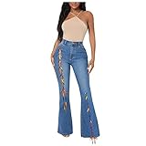 VRTUR Damenjeans Hose Damenjeans Dicke Naht Jeanshose Damen Jeanshosen Schlaghose aus Denim mit Schnürung Slim Legs J