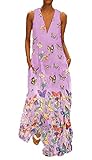 generisch JIER Damen ÄRmellos V-Ausschnitt BöHmen Blumen Maxikleid Lang Elegant Schick Große Größen Schmetterling Muster Leichte Kleider mit Tasche Beiläufig Maxi Tank Langes Kleid (Lila,Large)