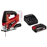 Einhell Akku-Stichsäge TC-JS 18 Li Power X-Change (Li-Ion, 18V, 20 mm Hubhöhe, max. 45° Schrägschnitte, Pendelhubfunktion, werkzeuglose Sägeblattaufnahme, inkl. Sägeblatt, 2,5 Ah Akku und Ladegerät)