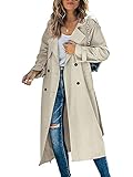 Winkinlin Damen Zweireihiger langer Trenchcoat, klassischer Revers lange Herbstjacke, winddichter Übermantel mit Gürtel, khaki, 36