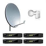 RED OPTICUM Satellitenschüssel Komplettset 4 Teilnehmer HD AX 300 - Komplette Sat Anlage mit 4× AX 300 Sat-Receiver + Quad LNB + 80cm Antenne anthrazit - Sat Schüssel 80cm S