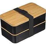 Lunchbox mit Besteck und Trennwand | 2 Fächer | Bento | Nachhaltige Brotbox aus Weizenstroh mit Bambusdeckel | Für Erwachsene & Kinder | Schw