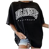 Oversize Tshirt Damen Los Angeles Kurzarm-Casual-Buchstaben mit Rundhalsausschnitt aus Baumwoll, Sommeroberteile, Kurze Ärmel, Hemden mit kreativen Buchstaben Vintage Pullover Sweatshirt B