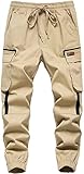 JUIYNIZT Jungen Jogger Cargohose mit Gummizug Elastische Taille Jogger Kinder Jogginghose Freizeithose (Khaki, 134-140)