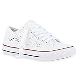 stiefelparadies Damen Sneaker Low Turnschuhe Schnürer Spitzenstoff Schuhe Modische Stoff Freizeitschuhe 184949 Weiss Spitze 36 F