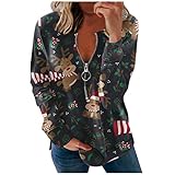 Damen Tunika Casual Langarm Hemdbluse Weihnachten bedrucktes Bluse Shirt Elegant Reißverschluss Long