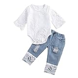 YCYU Neugeborene Mädchen Kleidung Set Langarm Spitze Strampler Top Blau Zerrissene Jeanshose Baby Mädchen Herbst Winter Outfit (Blau, 18-24 Monate)