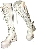 Frauen Schnalle Kampf Plateaustiefel ?Schnüren Blockabsatz Motorrad Kniehohe Stiefel Versteckte Tasche Kniehohe Stiefel für Frauen Militär Kniehohe Stiefel für Frauen (White,37 EU)