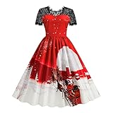 Damen 3D Print Weihnachtskleider Vintage Christmas Print Kurzrm Spitzenkleid Abendkleid Party Swing Kleid Club F