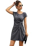 Damen T-Shirt Kleid mit Twist Lässig Freizeitkleid Kurzarm Basic Kleider Sommerkleid Einfarbig Casual Dress Tunika Kleid Rundkragen Kurz Shortkleid Grau S