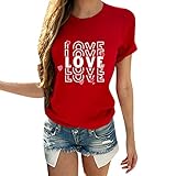 MRULIC Damen Oberteil T-Shirts Tops Kurzarm Rundhals Frauen Pullover Valentinstag Drucken Blusen Sommer Shirts (A5 rot,XXL)