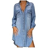 Luotuo Damen Jeanskleid Frühling und Sommer Langarm Kleid Freizeitkleid Elegant Blusenkleid Lange Jeanshemd Partykleid Strandk