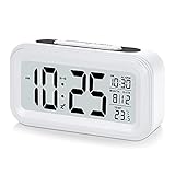 U-picks Smart Digitaler Wecker, 4.3'' LCD Display Tischuhr mit Snooze ,Datum, Temperatur, 12/24Hr, Batteriebetrieben, Lichtsteuerung Intelligenter Wecker für Kinder und Erwachsene Schlafzimmer -Weiß