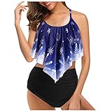 Awanan Tankini High Waist Damen Zweiteiliger Bikini Set Badeanzug Rüschen Bedruckt Bademode mit Hoher Taille Bikinihose Tankini Oberteil Strandkleidung (Dunkelblau, M)