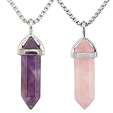 KYEYGWO 2 Stück Heilstein Punkt Anhänger Halskette für Damen und Herren, Hexagon Paar-Anhänger Sechseckiger Kristall Pendel Edelstein Schmuck für Amulett Meditation, Rosenquarz&Amethy
