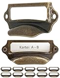 FUXXER® - 10x Etiketten-Fenster, Metall-Griffe in Messing Antik Optik, Einschübe für Apotheker-Schränke, Kartei-Kasten, Schubladen, Archivierung, 10er Set (90 x 40 mm)
