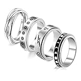 Eekisuf 4Pcs Edelstahl Spinner Ringe für Damen Herren Zappelband Anxiety Ringe Fidget Ringe Mond Stern Sonne Blume Damen für Hochzeit Versprechen Zappelringe Fidget Ringe Größe 6-11(B-Silber，62)