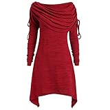 OIKAY Damen Bürokleid Solide Cocktailkleider Halbe Ärmel Kleidung Rock Abendkleider Foldover Kragen Tunika Tops Kleider Blusen Plus Size Damenmode Solide Geraffte Lange Spitze(Weinrot,EU-38/L)