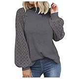 SHITOUJI Damen Langarmshirt Tops Spitze Lose Langarm Bluse Oberteile Elegant Laternenärmel Shirts Waffel Strick Rundhals Damenblusen Pullover Sw
