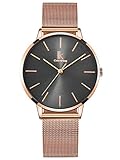 Alienwork Armbanduhr Damen Rose-Gold Metall Mesh Armband Edelstahl grau Ultra-flach dü