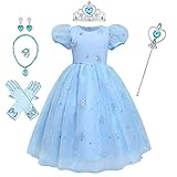 FYMNSI Mädchen Prinzessin ELSA Kostüme Eiskönigin Schneeflocke Tüll Kleid mit Zubehör Kinder Eisprinzessin Verkleidung Halloween Cosplay Party Karneval Weihnachten Geburtstag Geschenk Blau 4-5 J