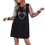 KGLHTYU Damen Kleider Rundhals Minikleid Partykleid Elegant Langarm Kleid A Linie Hohe Taille Puffärmel Damen Abendkleid Sexy Mesh Perspektive Rundhals Paillettenk