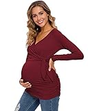 Love2Mi Damen Stillshirt Langarm Umstandsshirt Umstandsmode V-Neck Schwangere Nursing Tops, Weinrot, M