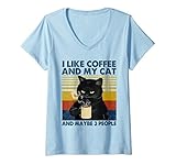 Damen I Like Coffee My Cat and Maybe 3 People Funny Cat Lover Gift T-Shirt mit V